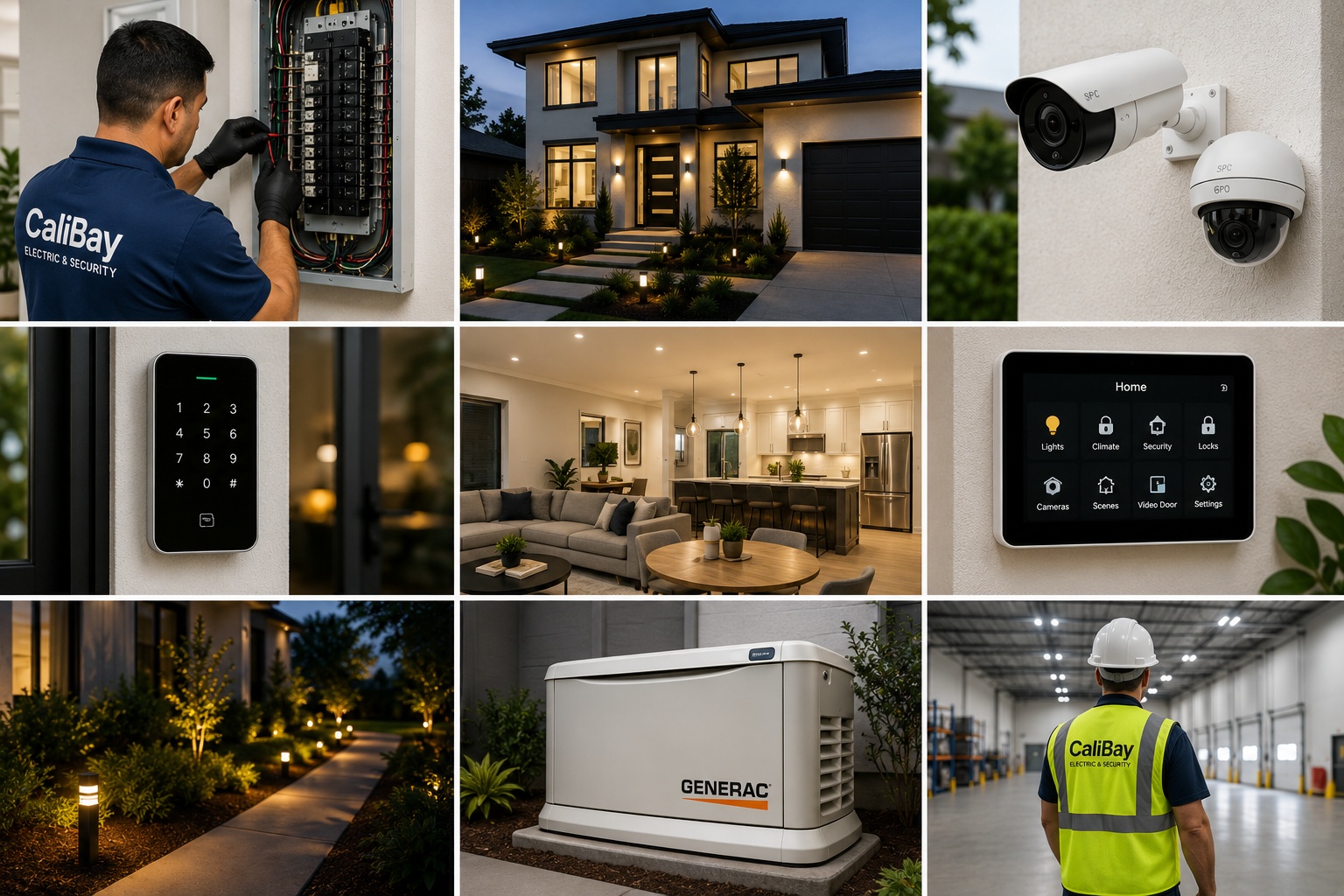 CaliBay Electric and Security services including electrical panels, security cameras, access control, lighting, smart home systems, generators, and commercial electrical work in Los Angeles