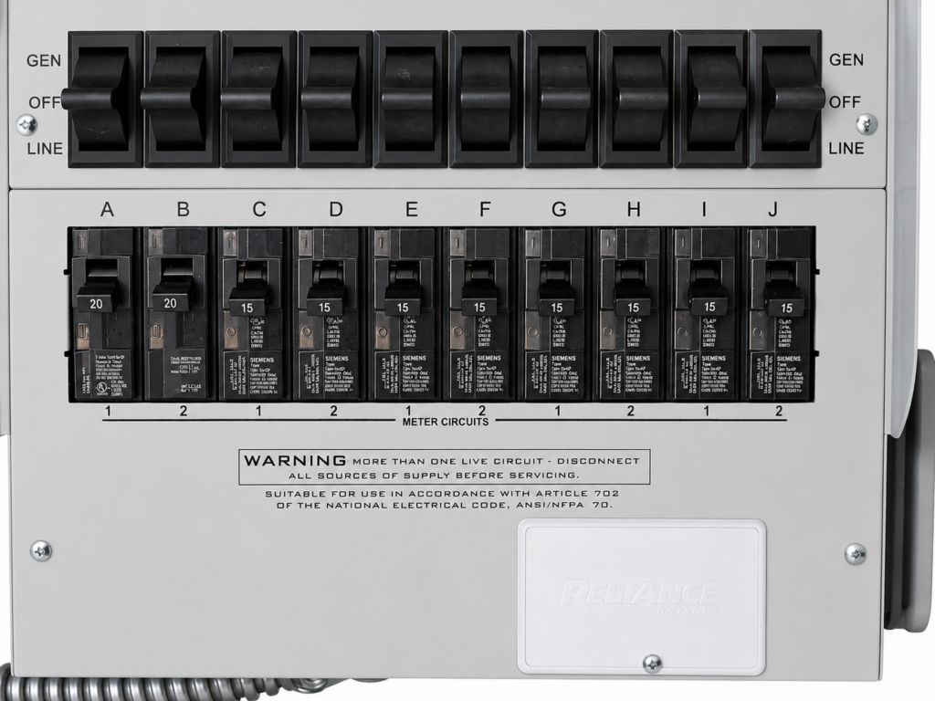 Manual generator transfer switch panel with circuit breakers for backup power installation